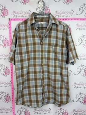 Geoffrey Beene Brown & Light Blue Plaid Short Sleeve Button-Down Shirt